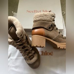 See by Chloe Crosta/ Eileen Genuine Shearling Trimmed 2" Heel  Boot MSRP $535